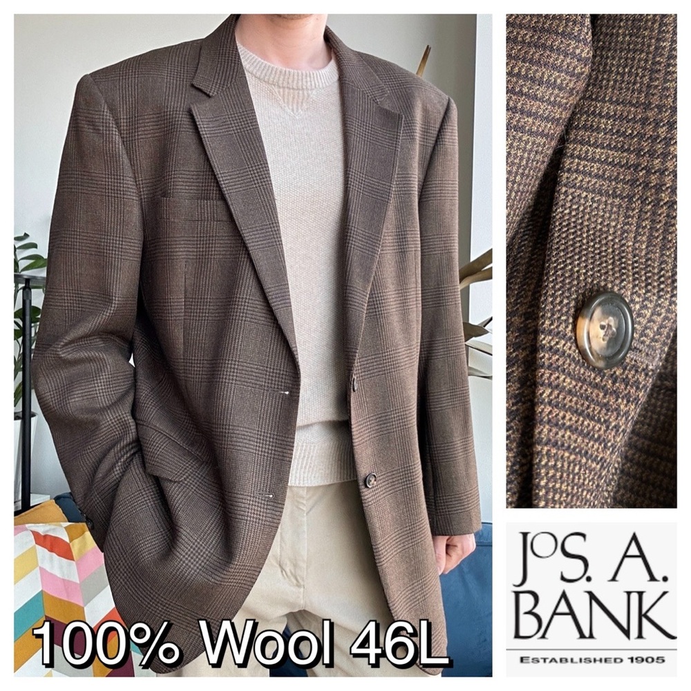 Jos A Bank 46L Beige Blue 100% Wool Sport Coat Glen Check Pattern